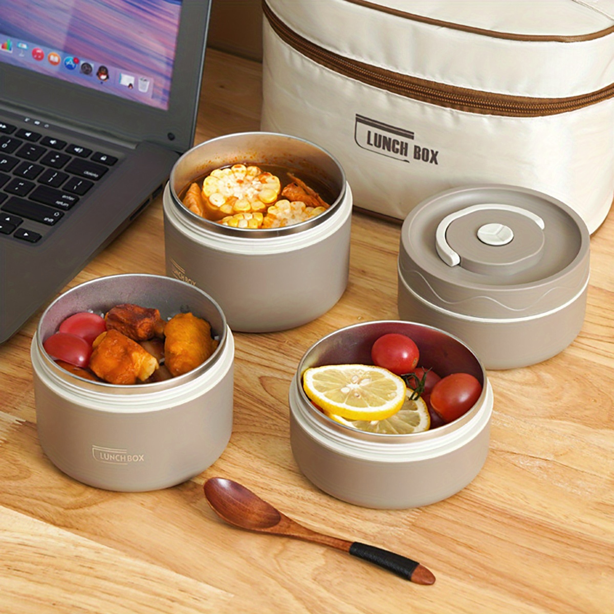 6pcs set 304L stainless steel insulated lunch box with storage bag and cutlery, portable double-layer covered lunch box, office student sealed lunch box,back to school