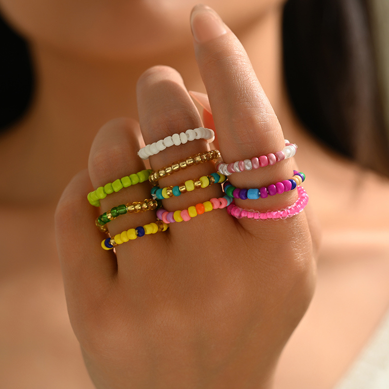 E-shop 10, Damenmode Stacking-Ringe, Mode Girl Style Perlenringe Bohemian Style Kreativ Mehrfaches Stacking Gemischte Farbe Elastische Seil Reis