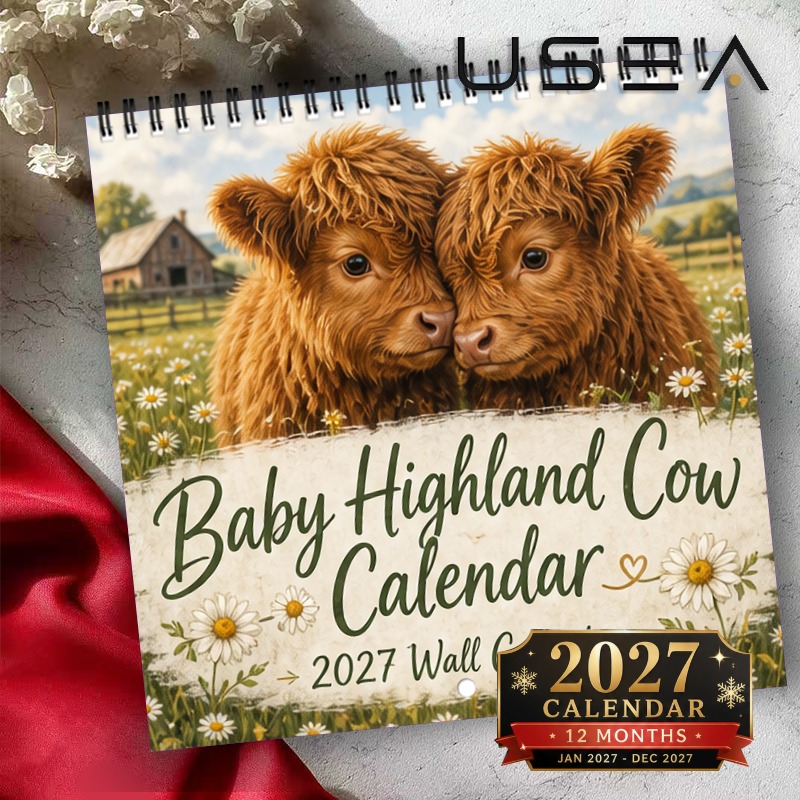 TEMU Calendrier mural 2027 Bébé Vache Highland - Agenda 12 mois avec reliure spirale à double fil métallique, grands blocs inscriptibles et décor de