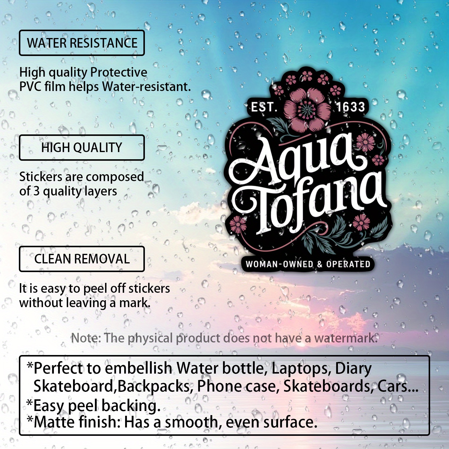 

Aqua 1633 Women-owned & Operated Vinyl Stickers, High-quality Water-resistant Decals For Challenging , Ideal For Water Bottles, Laptops, Skateboards,