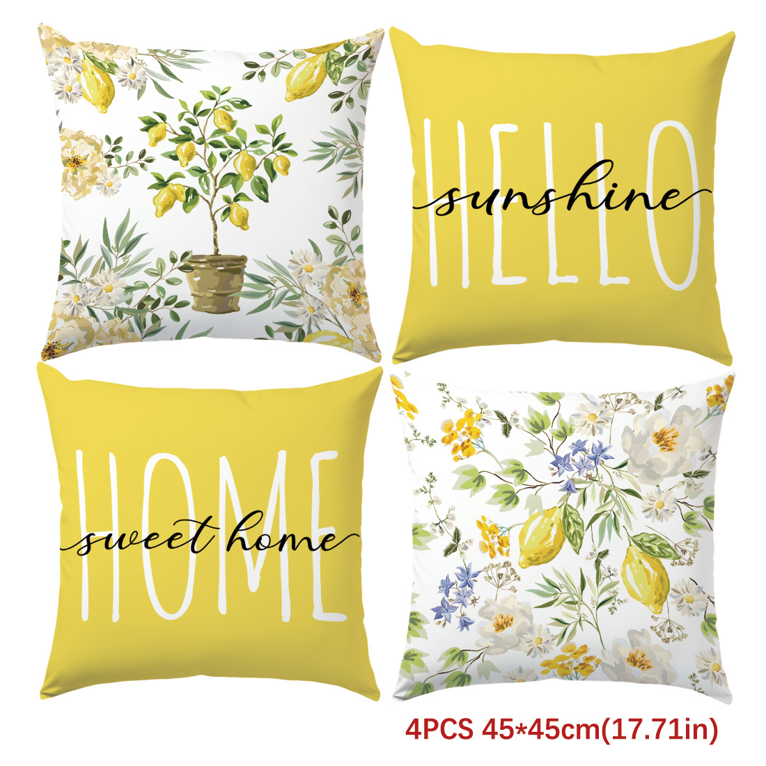 E-shop 4er-Set, einseitig bedruckte Kissenbezüge, Kissenbezüge mit gelbem Zitronen-Blumenmuster, 17,7 x 17,7 Zoll, Kissenbezüge für , geeignet für