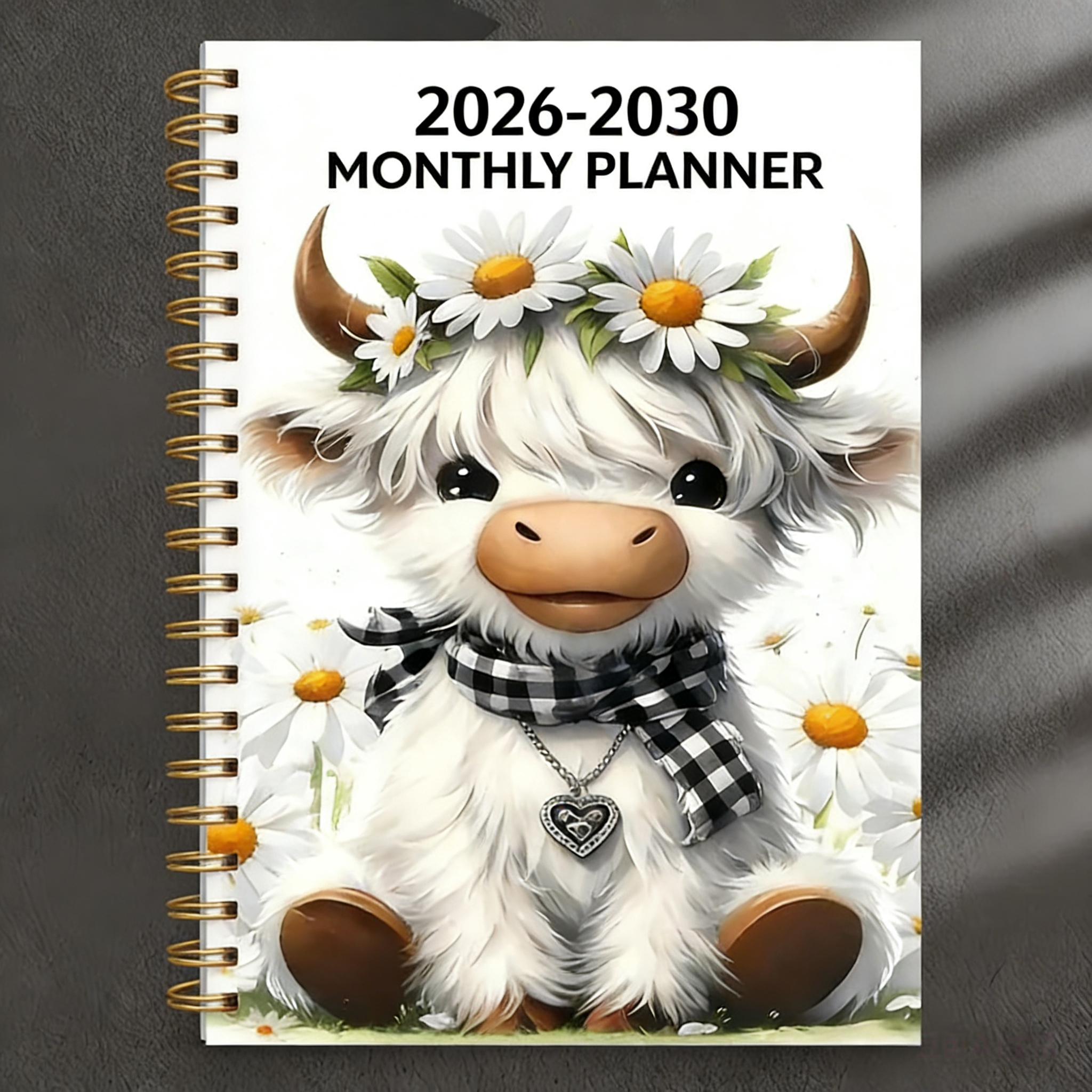 2026   5 year calendar from   2026 to   2030 cartoon highland cow themed cover design annual calendar planner monthly tabs 60 month calendar 13 97cm x 21 08cm