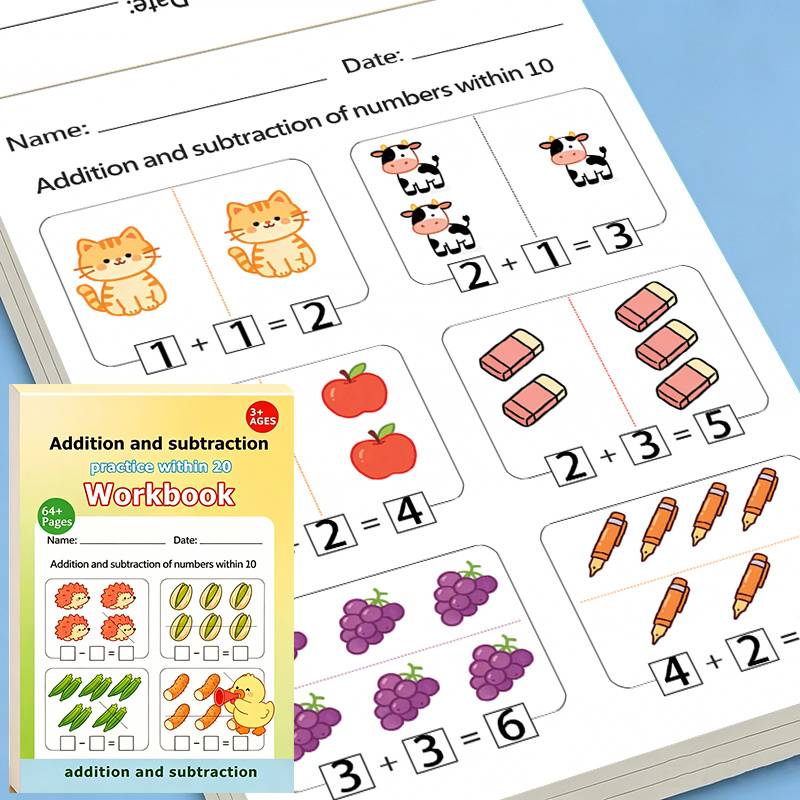 TEMU Cahier d'exercices éducatif préscolaire d'écriture et de mathématiques pour enfants, 64 pages d'addition et de soustraction jusqu'à 20,