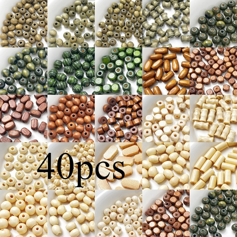Image of 40pcs Mixed Decorative Beads In Colors, Shapes, And Sizes Vintage Wooden Bead Loose Beads For Diy Handmade Necklaces, Bracelets, Earrings, Phone Chains, Keychains Accessories - Random