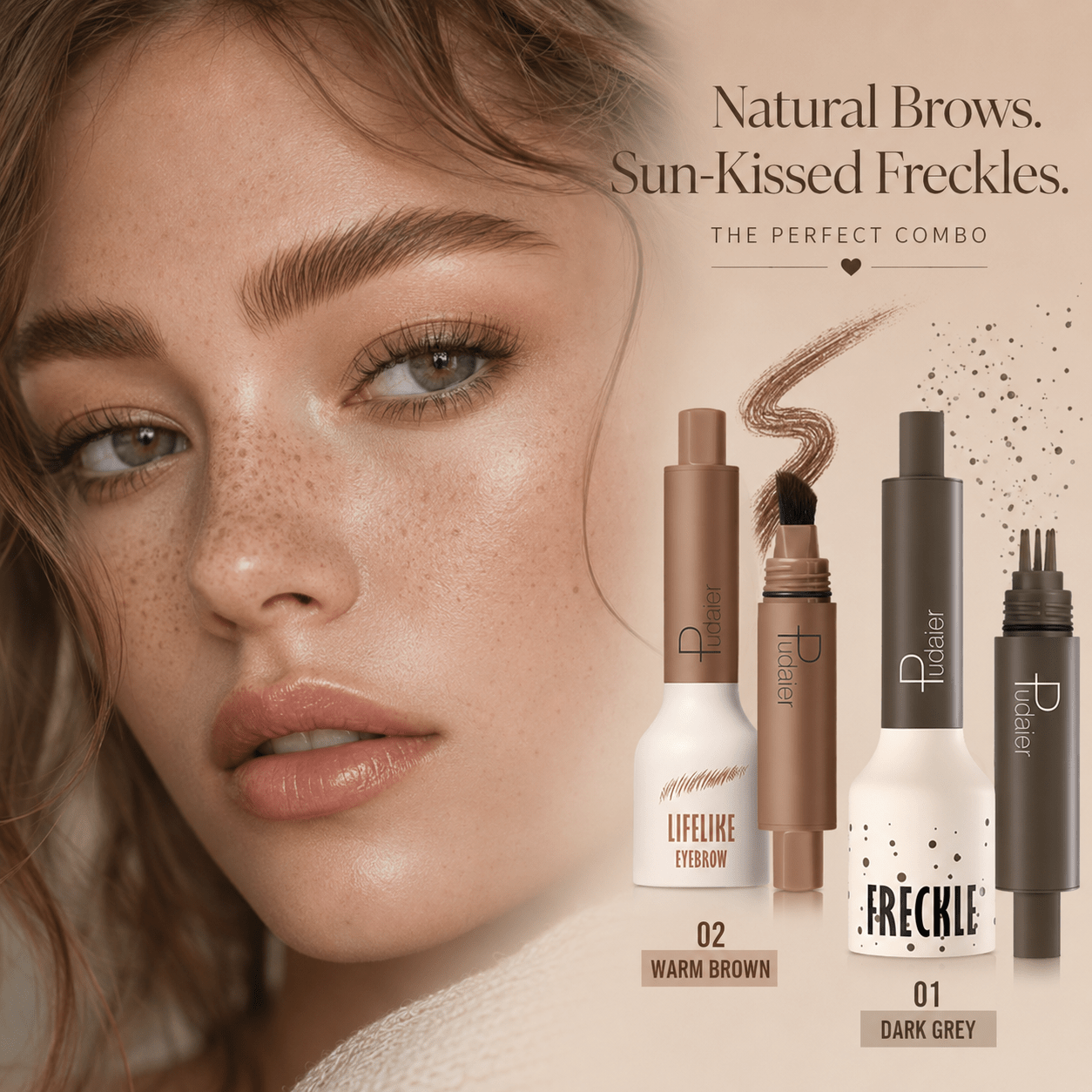 Pudaier 2pcs 2in 1 Eyebrow Set Waterproof Long Lasting Smudge Proof Freckle Pen Brow Tint Natural Hair Like Brows Eyebrow Makeup Tool