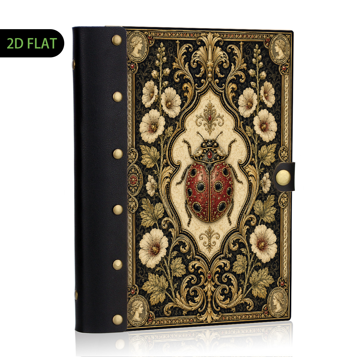 TEMU 1pc Leather And Wooden Hardcover Notebook, 2d Flat Vintage Ladybug Journal Diary, Baroque Floral Frame Cover, Retro Insect Stationery For