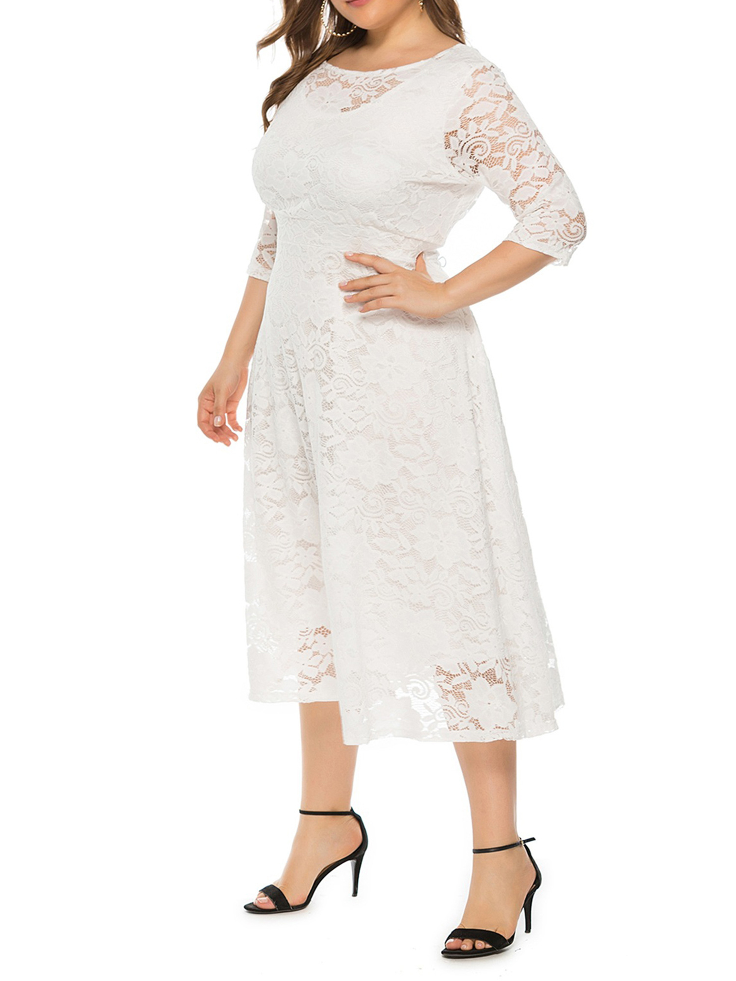 elegant plus size floral lace midi dress pockets half sleeve - Temu