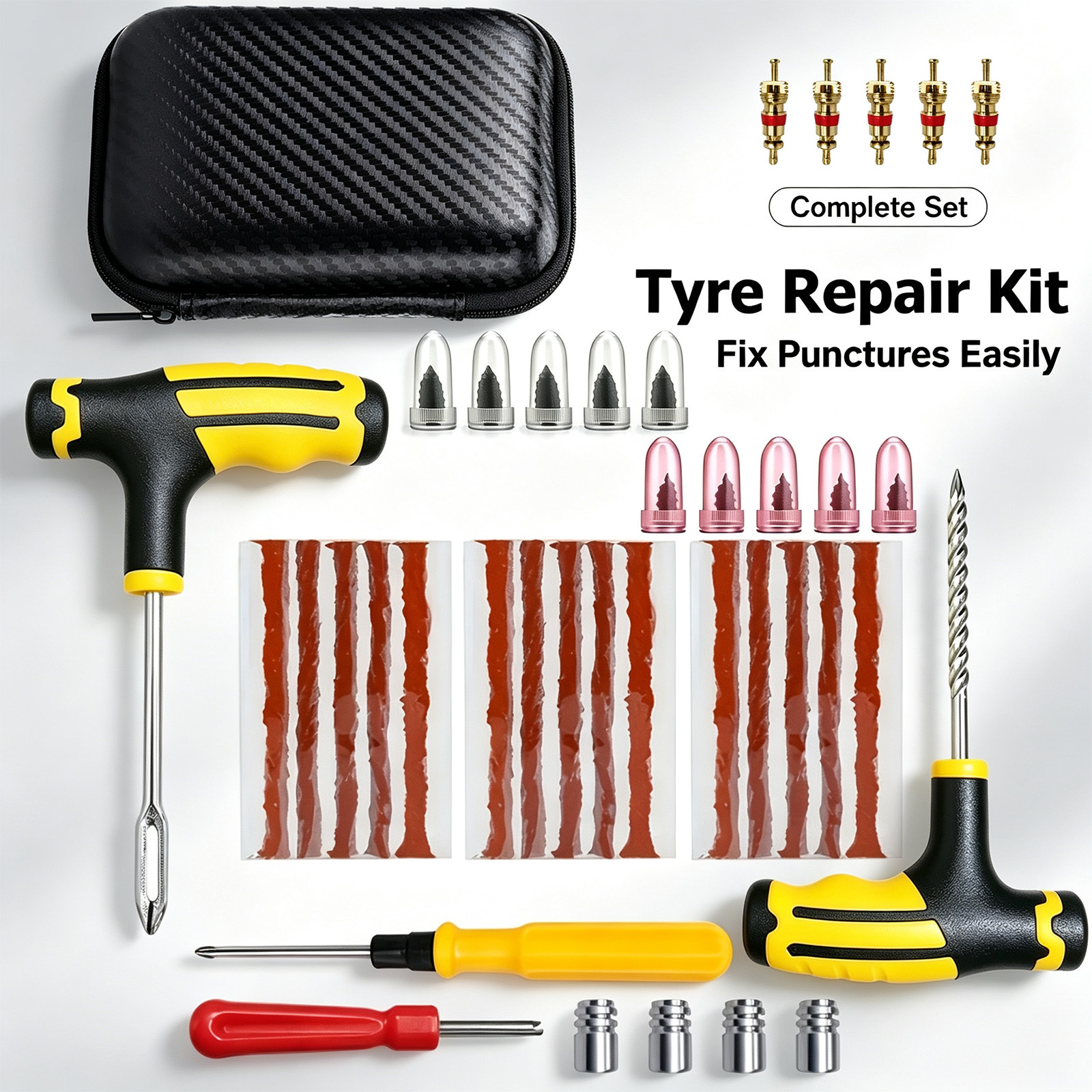 Tyre Repair Kit With Rubber Strips And Nails, Carbon Fiber Storage Case, Valve Cores For Car, Ev, Motorcycle, Bicycle, Truck, Atv, Off-road, E-bike