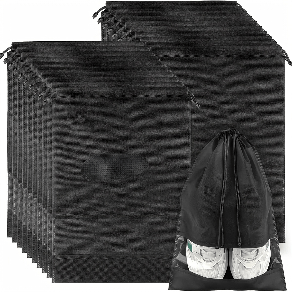 TEMU 20pcs Black Travel Shoe Bags With Clear Window, Dustproof Non-woven Fabric Storage Pouches With Drawstring Closure, Shoe Protection Bags,