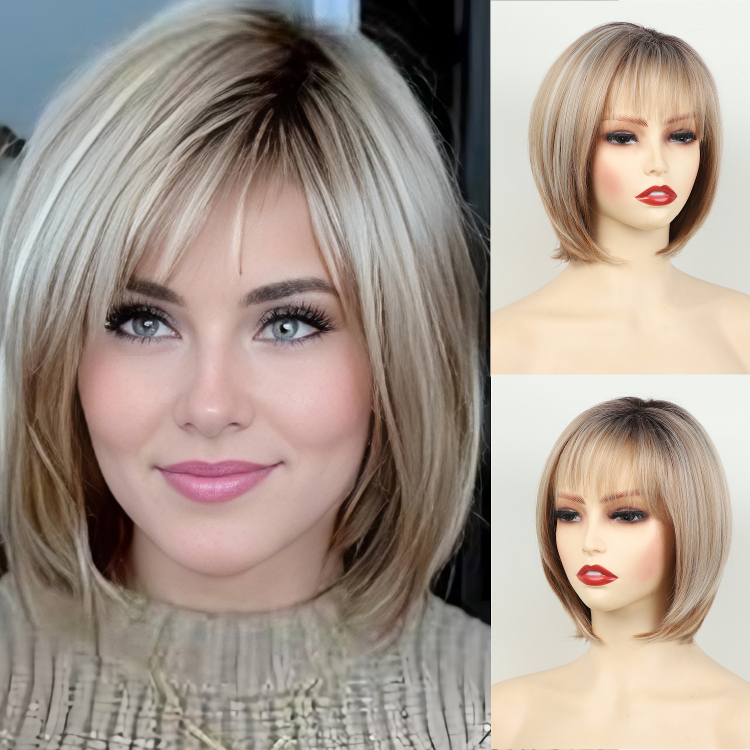 

Elegant Ombre Blonde Cut Wig With Curtain Bangs For Women - Short, Straight Layered Bob Style, High-quality Synthetic Hair