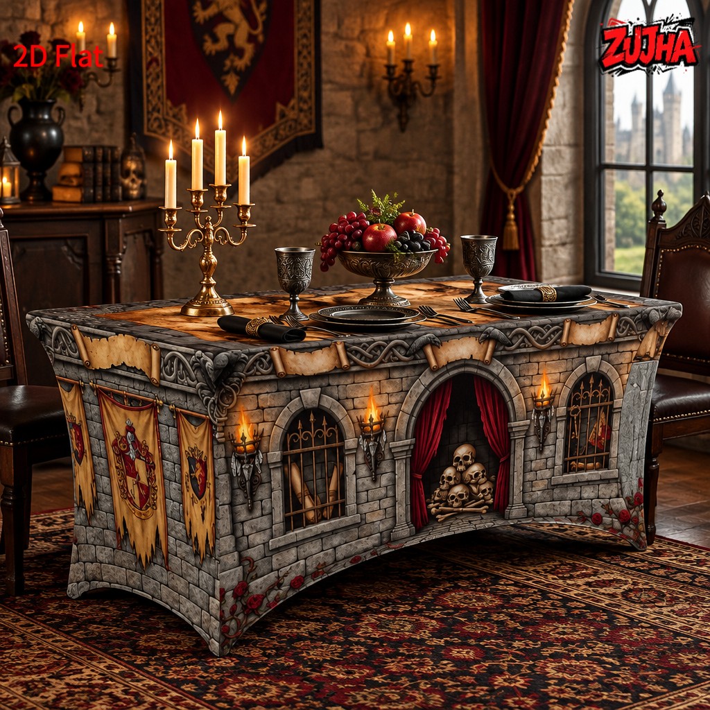 TEMU 1pc Medieval Castle Tablecloth With Elastic Edges - Full-fitted Suitable For Banquets, Weddings, Themed Parties | Vintage & Castle Table Cover |