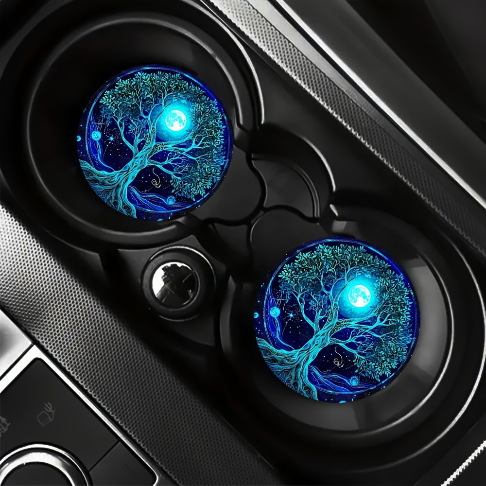tree of life car cup holder coasters blue   design rubber cup mats washable auto accessories for vehicle cup holders spiritual lake scenery home decor