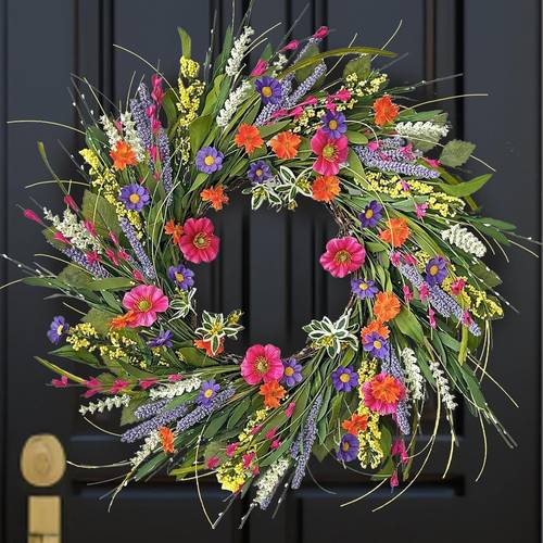 17 7inch spring wreath for front door artificial wreath with green leaves handmade daisy and lavender floral wreath for outdoor porch indoor wall farmhouse or seasonal decoration