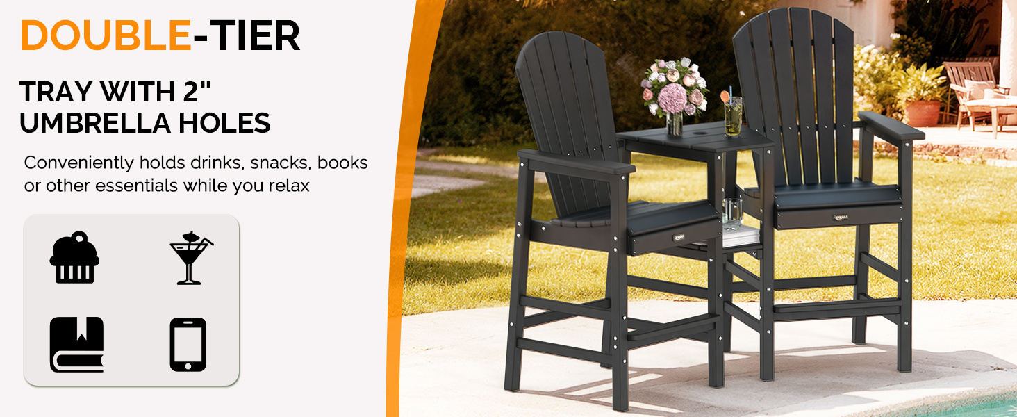 2pcs High-legged Adirondack Chair Set, All-weather High-density Polyethylene (HDPE) Bar Stool, Outdoor Chair with Double Tray and Parasol Opening, Suitable for Balconies, Poolside, Backyards, and Patios.
