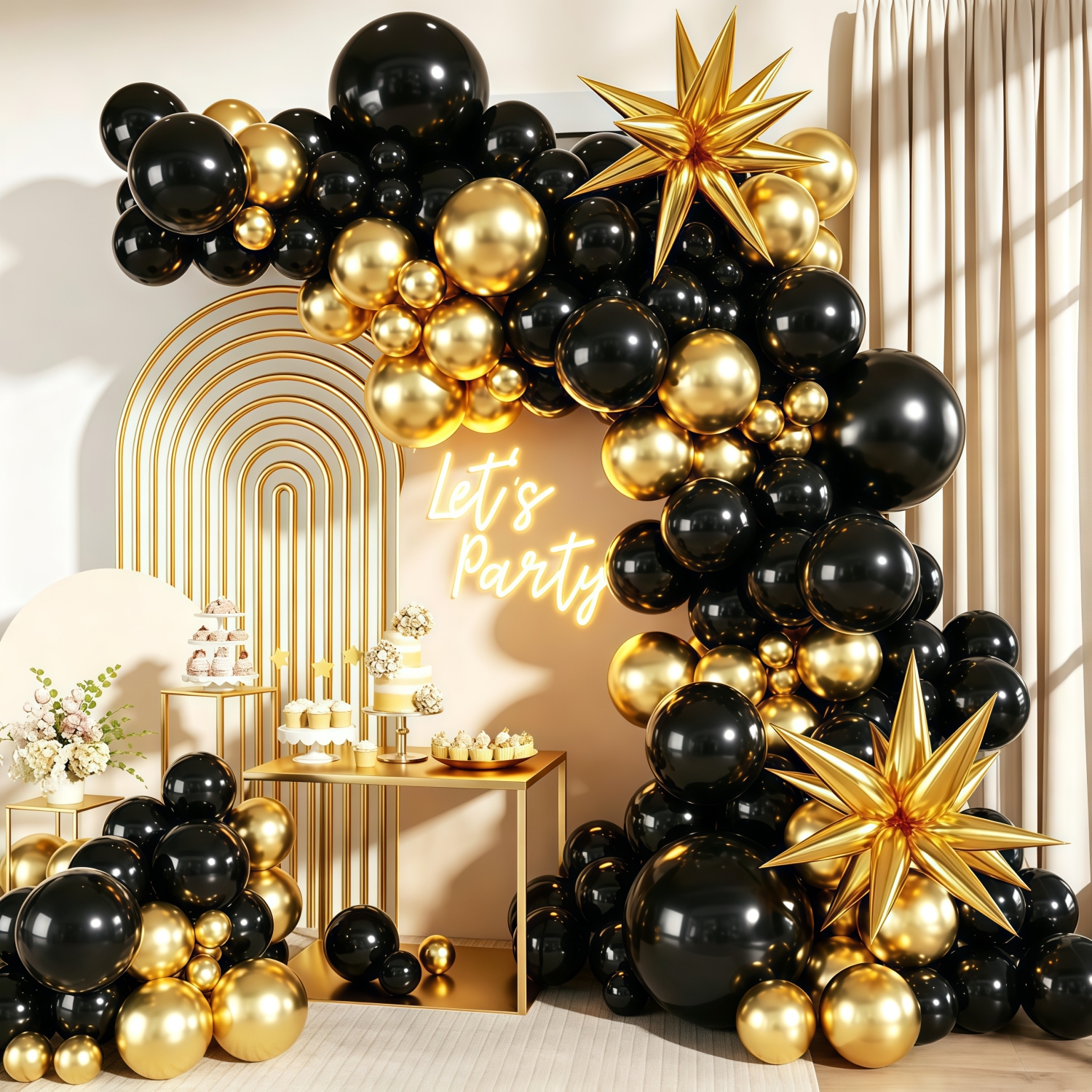 TEMU Kit de Guirlande de Ballons Noir et Doré 112 pièces avec Ballons en Aluminium Étoile Éclatée Dorée pour Décoration de Fête de de Diplôme,