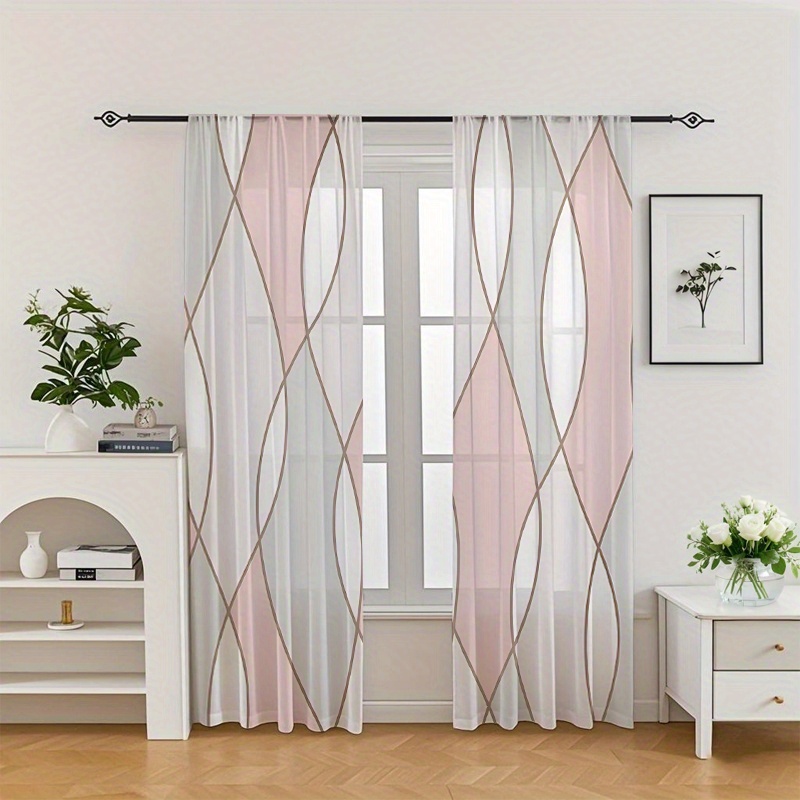 TEMU 2-pack Of Pink, White, And Gray Geometric Patterned Semi-transparent Tulle Curtains With Rod , Perfect For Holiday Decorations, Living Room And