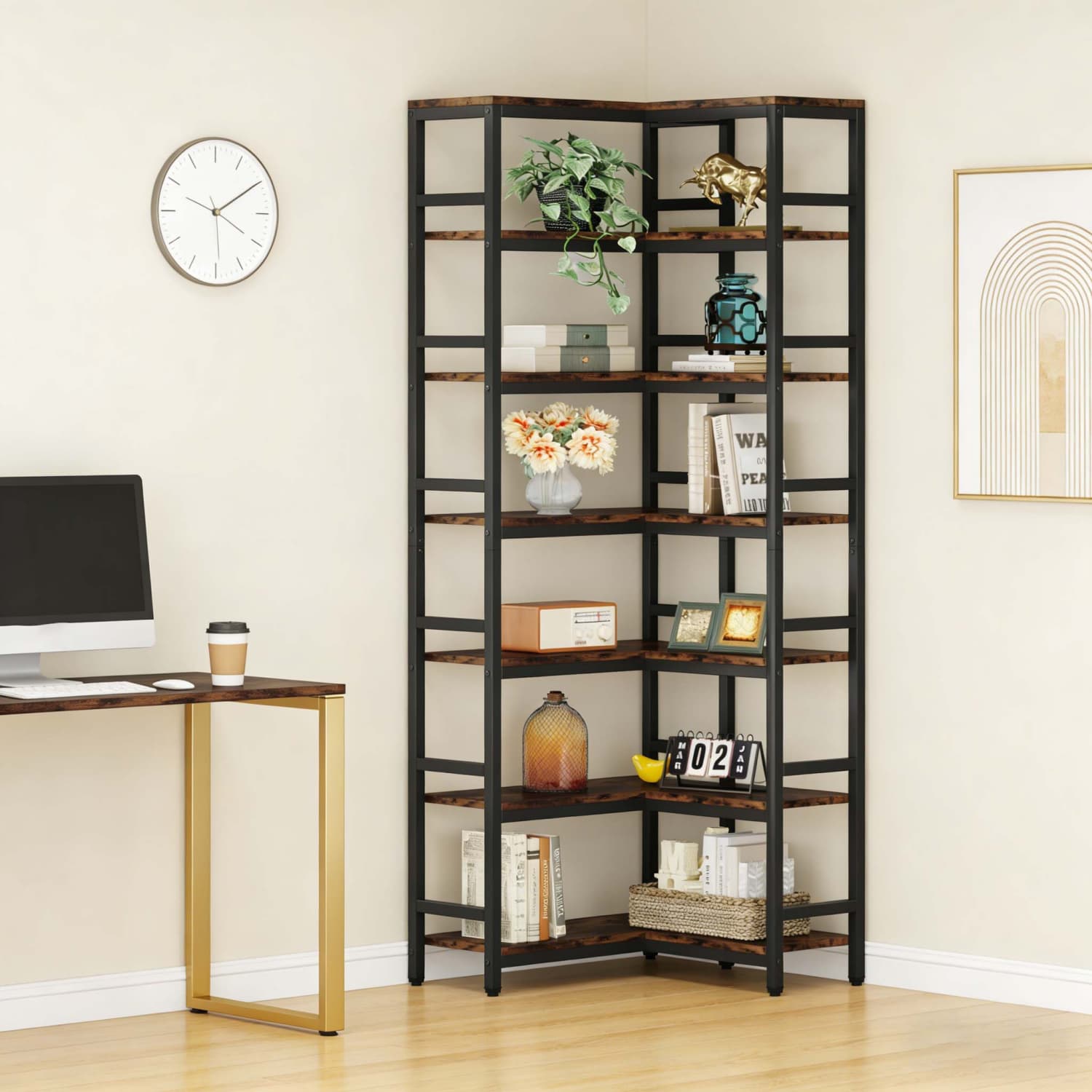 7 Tier Industrial Corner Bookshelf, 200cm Tall Storage Display Shelf, Multipurpose Organizer For Living Room And Home Office, Rustic Brown