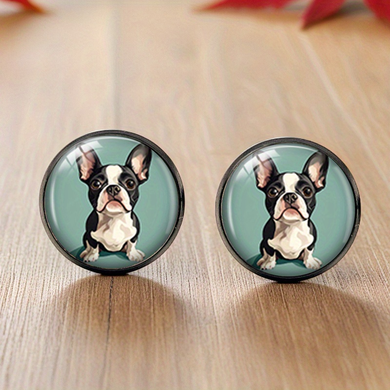 E-shop 1 Paar Niedliche Französische Bulldogge Ohrstecker Runde Glasglocke Schwarze Ohrringe Handgemachter Schmuck Geschenk
