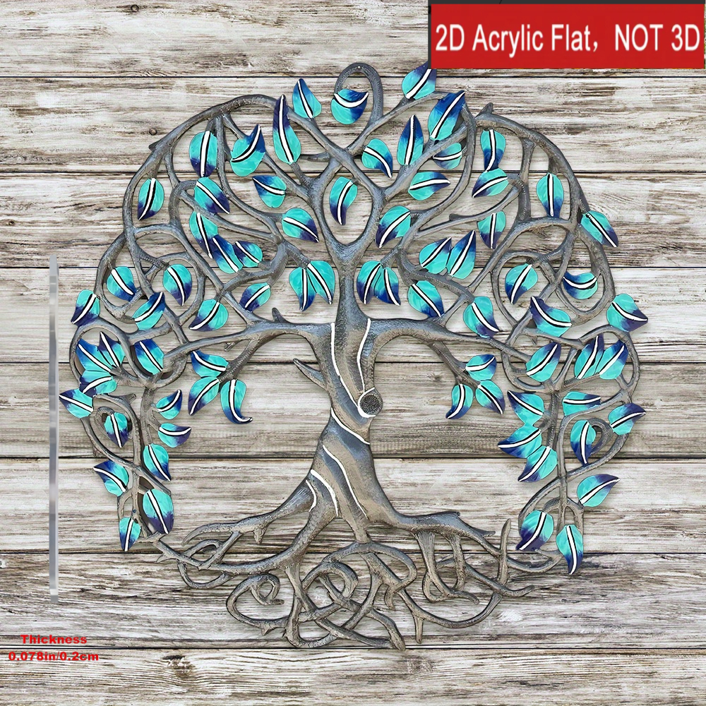 E-shop 2D Flat - 2D Ebene, atemberaubende blaue Lebensbaum Wanddeko - Türkisblaues Blatt Acryl Kunst, filigranes Ast-Design, Innen- und Außendekoration