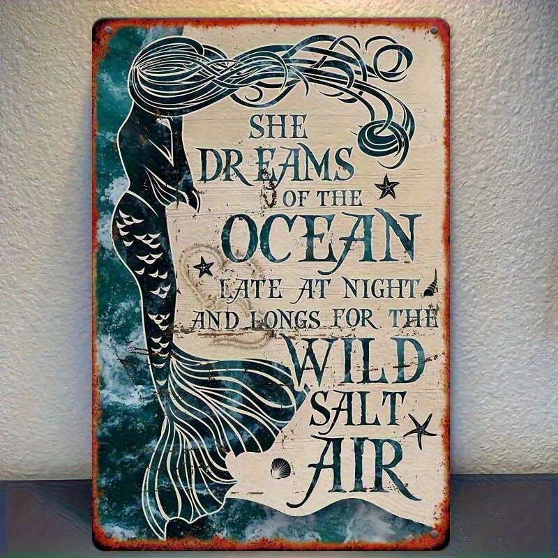 TEMU 2d Flat, 2d Flat 1pc Vintage Mermaid Sea Tin Sign Rustic Nautical Wall Decor With Distressed Edges Teal Colors Heavy Duty Aluminum Plaque For