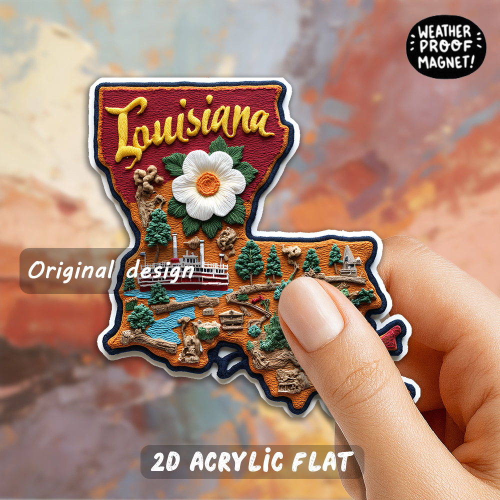 TEMU A 2d Flat Acrylic Fridge Magnet Featuring A Vintage Embroidered . It Showcases A Vibrant Three-part Design, Featuring State', Famous Landmarks,