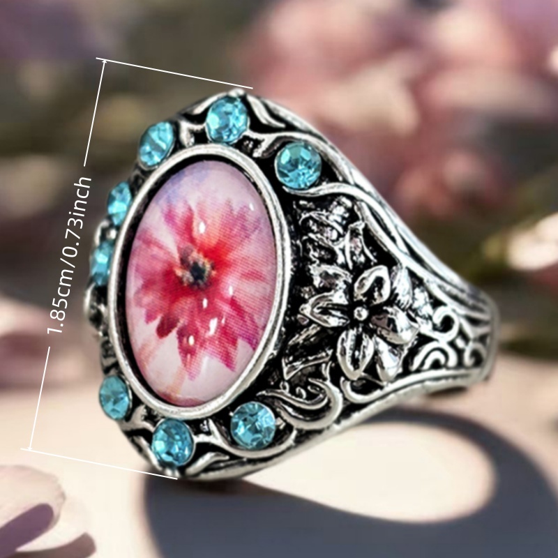 Vintage Boho Sea Blue Synthetic Zirconia Floral Ring