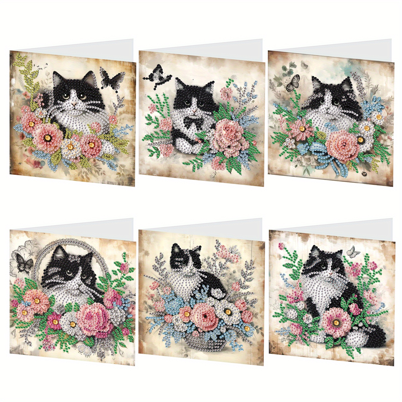 

6pcs 5d Diamond Painting Greeting Cards Kit, Handmade Sparkling Holographic Animal Designs With Envelopes For Birthdays And Holidays