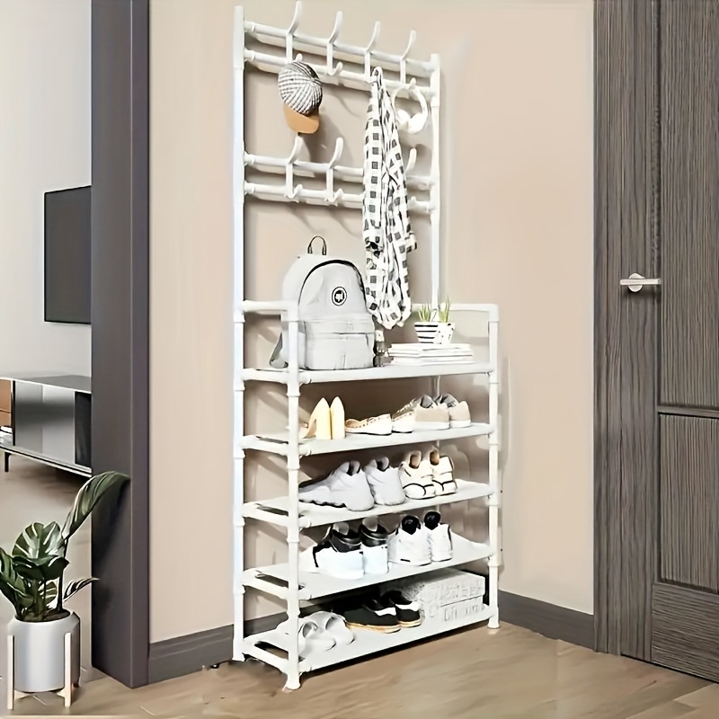 Image of 1pc 5-layer Multifunctional Shoe And Hat Rack, Storage Organizer With Shoe Rack And Coat Hooks, Freestanding Storage Space For Hallway, Bathroom And Living Room