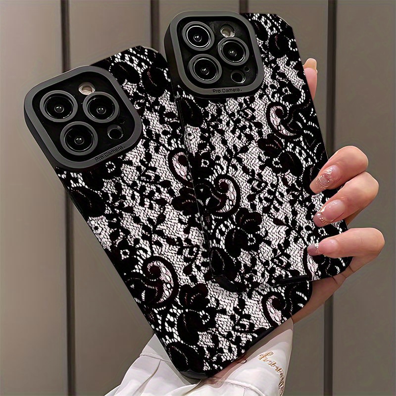 Black Lace Pattern Stylish Phone Case for iPhone 16/iPhone 16 Pro/iPhone 16 Plus/iPhone 16 Pro Max/iPhone 15/15 Plus/15 Pro/15 Pro Max, iPhone 14/14 Plus/14 Pro/14 Pro Max, iPhone 13/13 Pro/13 Pro Max, iPhone 12/12 Pro/12 Pro Max, iPhone 11/11 Pro/11 Pro Max - Dirt-Resistant, Shockproof, High Aesthetic Appeal