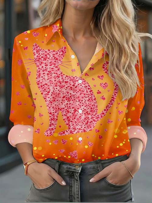 item picture womens casual button up shirt orange red base with pink cat print collar washable button front shirt suitable for spring summer blouses non button collar for casual attire