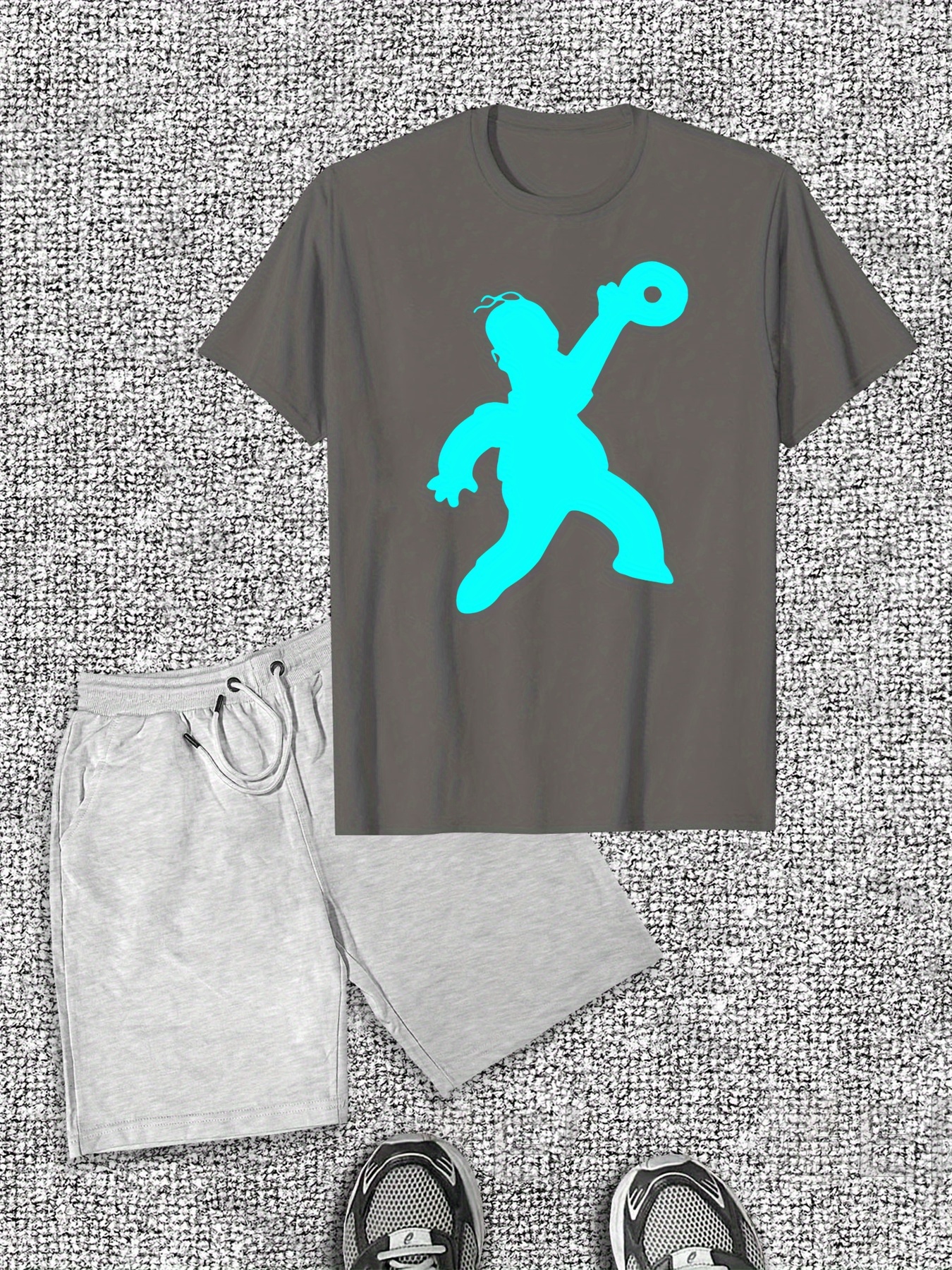 Men'S Casual Summer T-Shirt & Shorts Set, Cotton Crew Neck, Solid Color with Dynamic Cartoon Print, Slight Stretch Fabric, Regular Fit - Ideal for Casual Attir