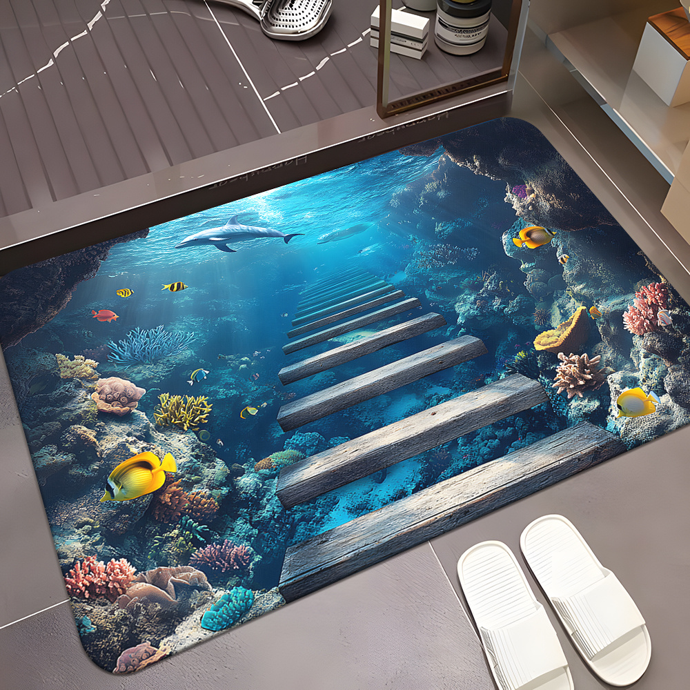 TEMU 1pc, Realistic 3d Illusion Door Mat Featuring An Underwater Scene, Non-slip Bathroom Floor Mat, Microfiber Absorbent, Machine Washable Polyester