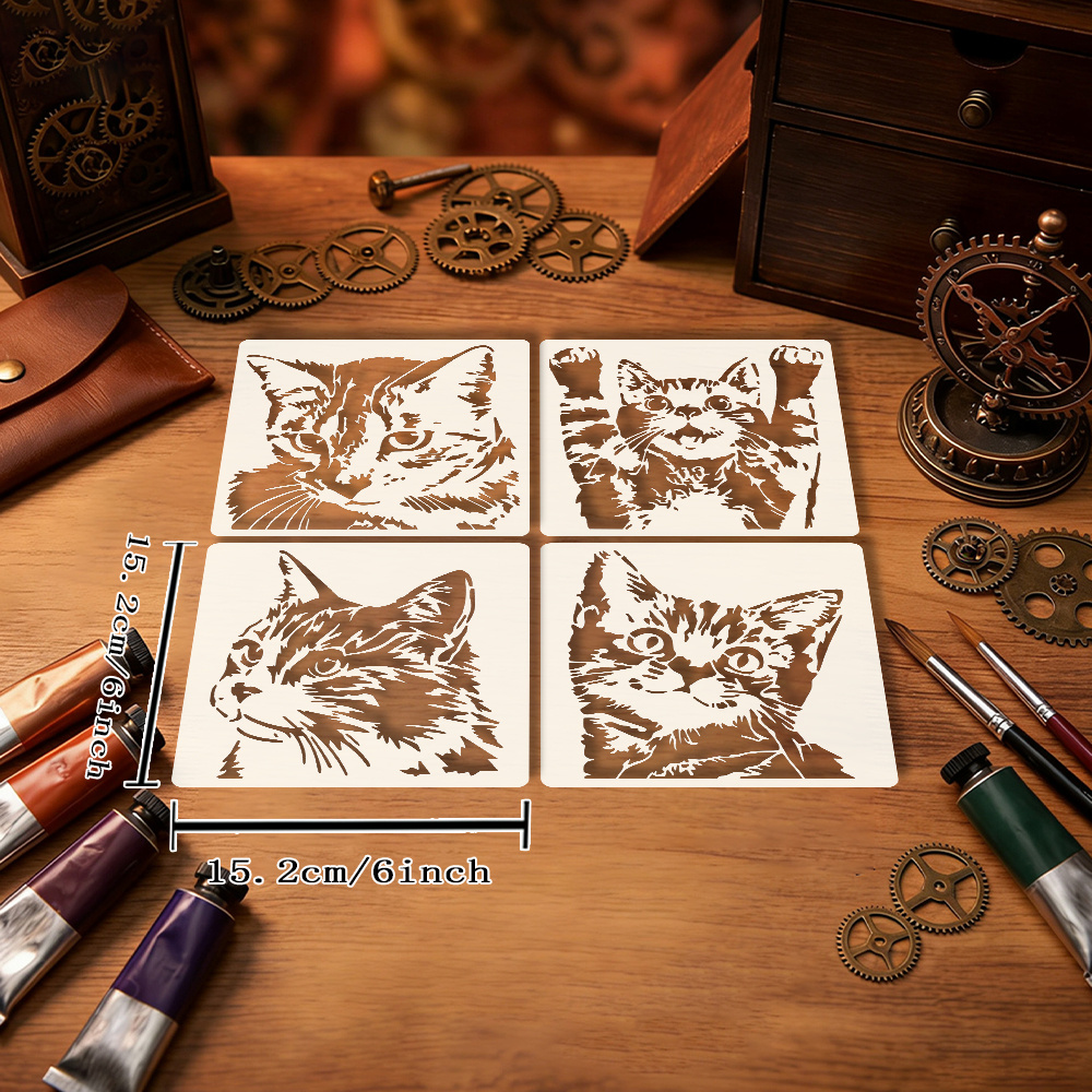 TEMU Ensemble de 4 pochoirs de visage de chat réalistes de 6x6 pouces, adorables modèles de peinture avec de chatons détaillés, pochoirs d'artisanat