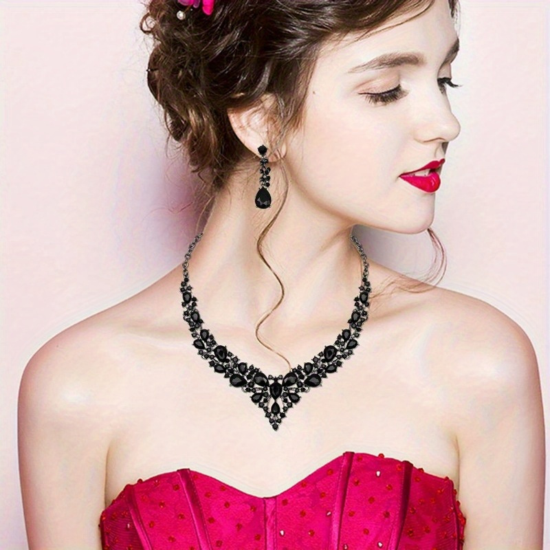 Dress Wedding Black Earrings Necklace set, Artificial Crystal necklace  earrings, bridal jewelry set Bridal wedding party dress accessories for  women gifts
