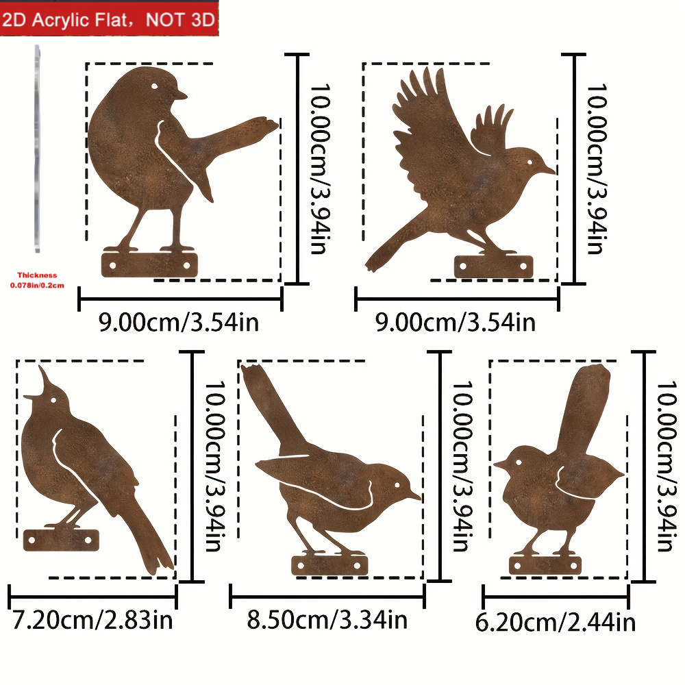 TEMU 2d Flat - 【2d Flat】 2d Flat - [2d Flat] 2d Flat, 5pcs Retro Acrylic Bird Outdoor Wall Decorations With Weathering Effect, Realistic Resting And