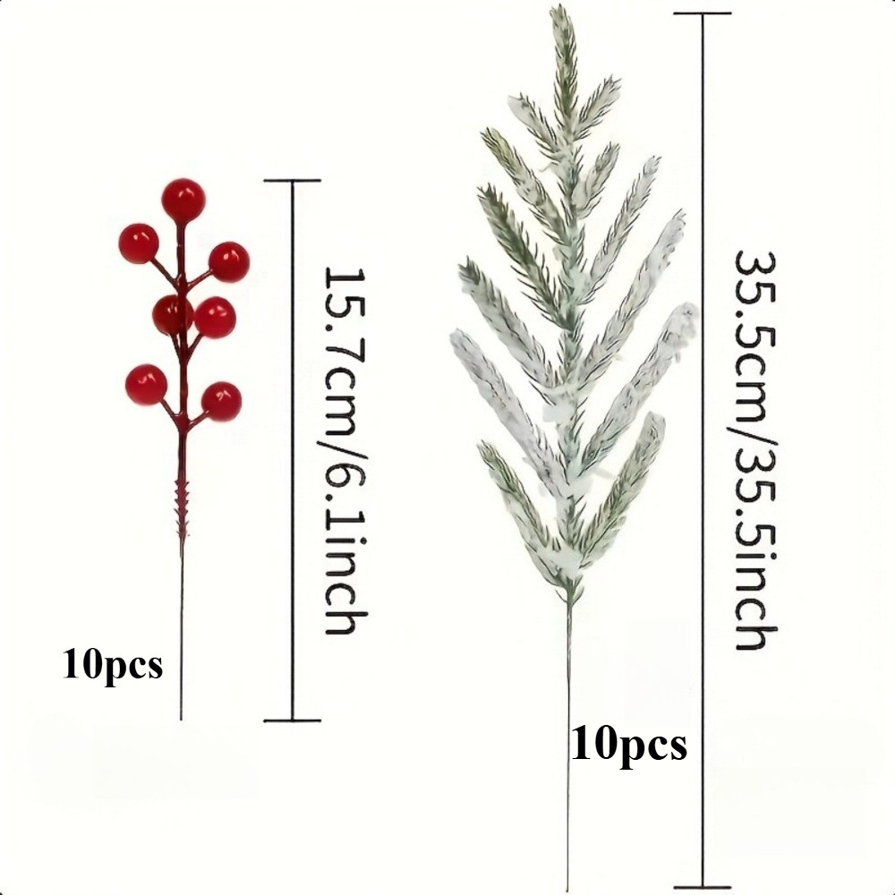 TEMU 20 Realistic Norfolk Pine Branches With Artificial Red Berries And Snowflakes - 13.78 Inches Long, Durable Plastic Indoor/outdoor Christmas Tree