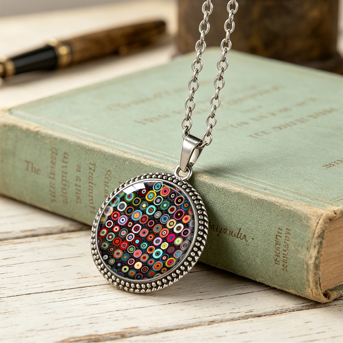 TEMU 1pc Black Background Colorful Circle Pattern Round Pendant Necklace Unisex Literary Decorative Necklace