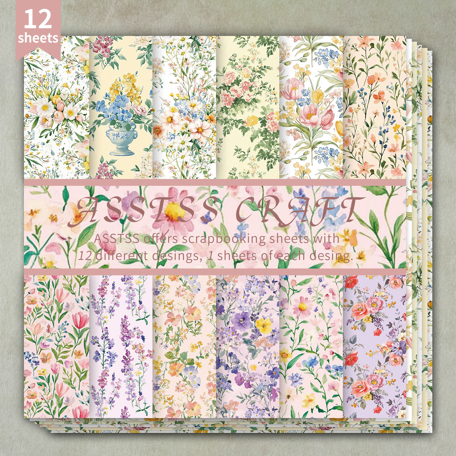 TEMU 12-sheet Asstss Scrapbooking Paper Pad, Featuring Watercolor Designs, Made From Heavyweight Cardstock Suitable For Journaling, Collage Art,