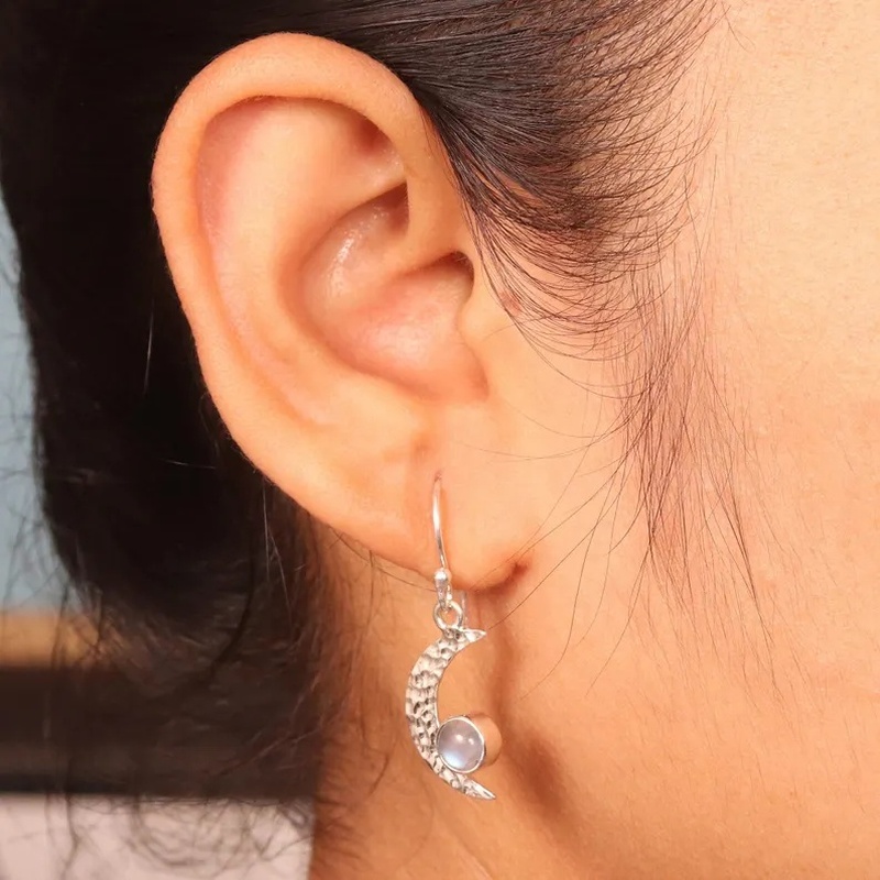 Women's K Plated Crescent Moonstone Earrings, Elegant Minimalist