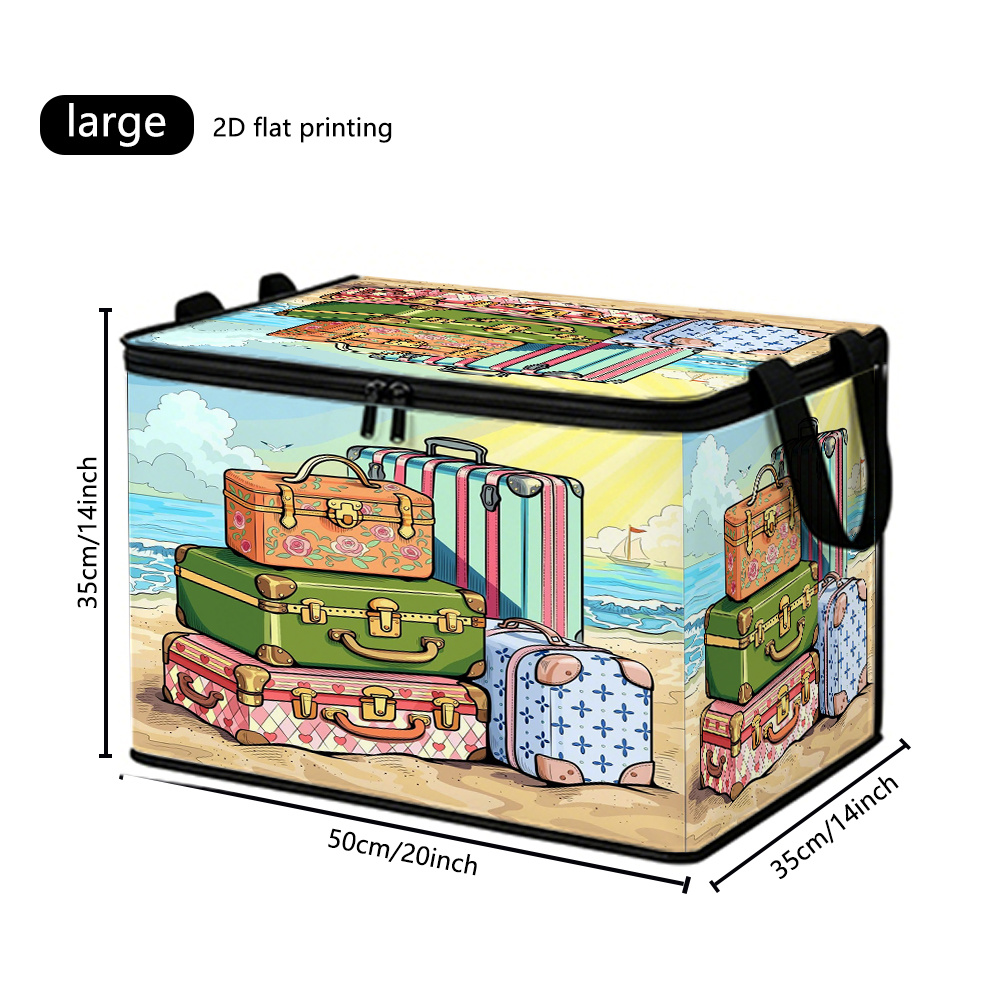 TEMU 1pc Multi-functional Foldable Zipper Storage Box, Beach Retro Suitcase Stackable 2d Flat Printing Exquisite Pattern, Wear-resistant Large