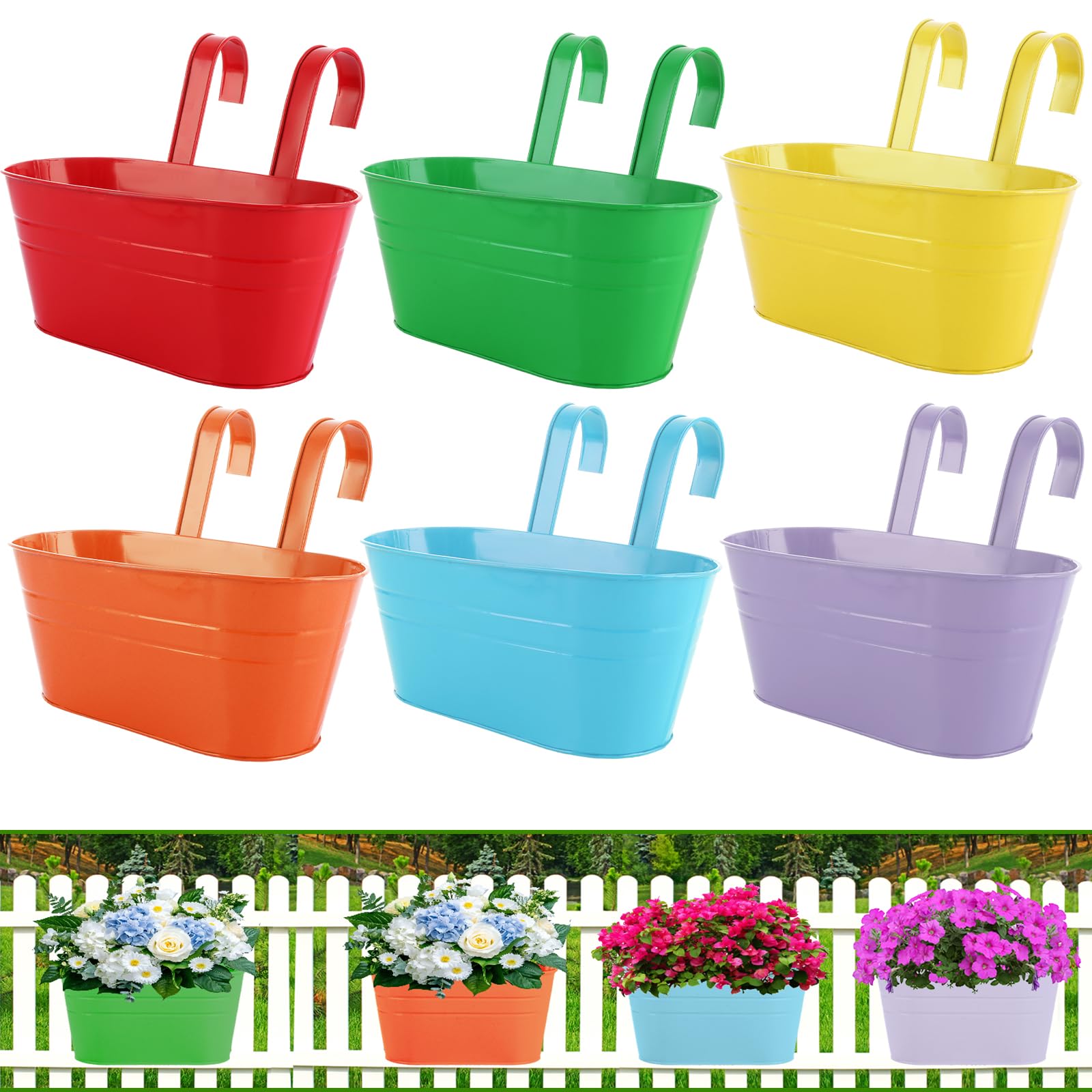 6pcs Colorful Hanging Iron Flower Pots, Balcony Wall Hanging Planting Pots With Handles, Pastoral Style Balcony Flower Pot Bracket Wall-mounted Metal Decorative Container Accessories
