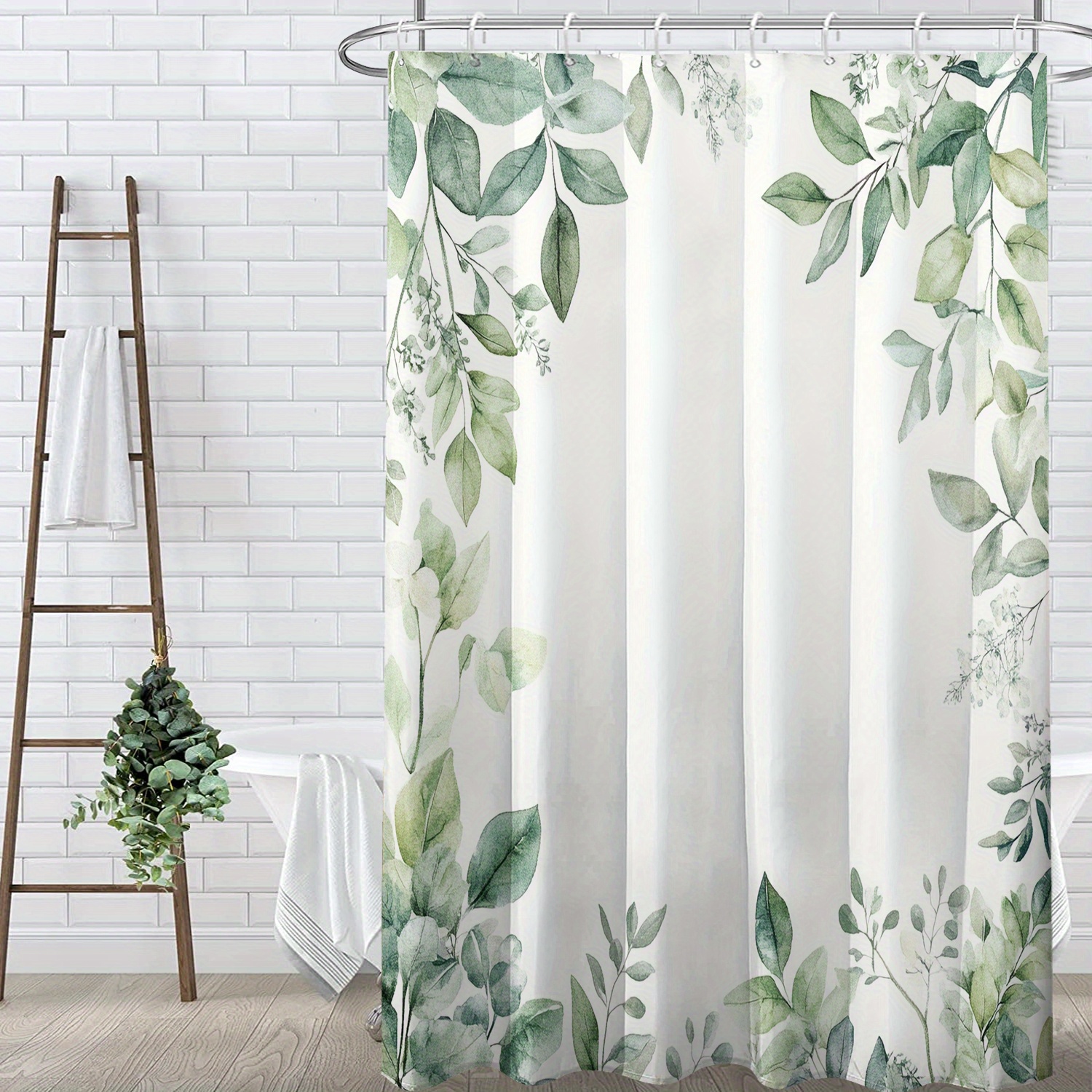 TEMU 1pc Leaf Border Print Shower Curtain, Nordic Aesthetic Bathroom Decor With Plastic Hooks Suitable For Machine Washable Window Curtain