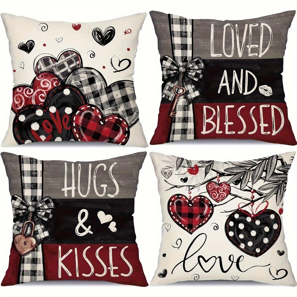 TEMU 4pcs Valentine's Day Pillow Covers - Double-sided Polyester Zipper Cushion Cases With Heart & Bow Designs, "love" & "hugs & " Text, , Living Room, Bedroom, Or Sofa Decor (pillows Not Included)