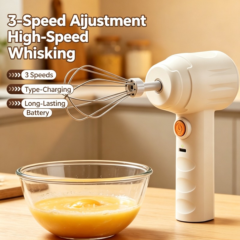 TEMU 2er-Set (1 Schneebesen und 1 Datenkabel) Wiederaufladbarer kabelloser Handmixer, 3 Geschwindigkeiten, tragbarer elektrischer Schneebesen,