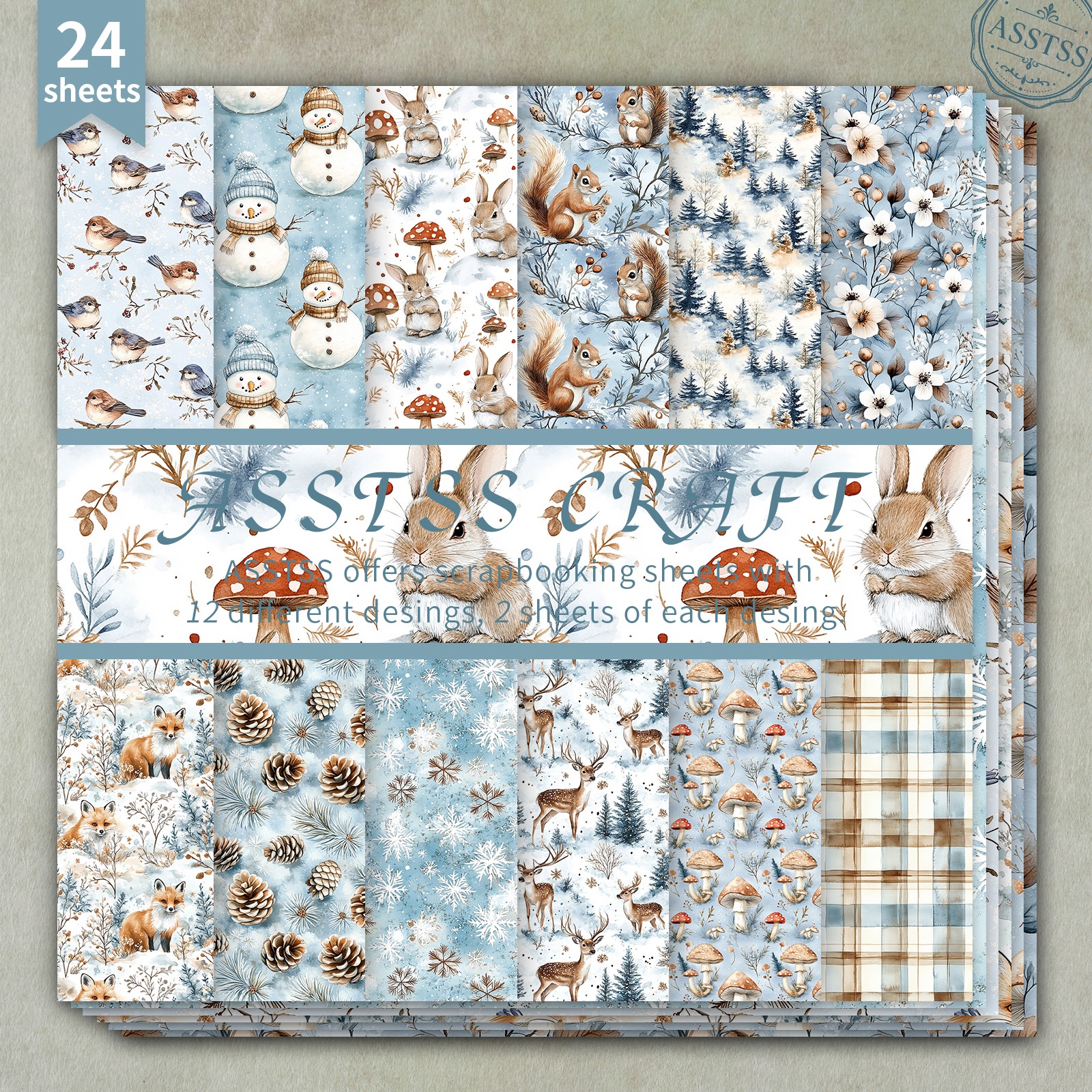 TEMU Bloc de papier de scrapbooking ASSTSS 24 feuilles 6*6 pouces, fournitures de papier de support style aquarelle et animaux des bois, carton épais