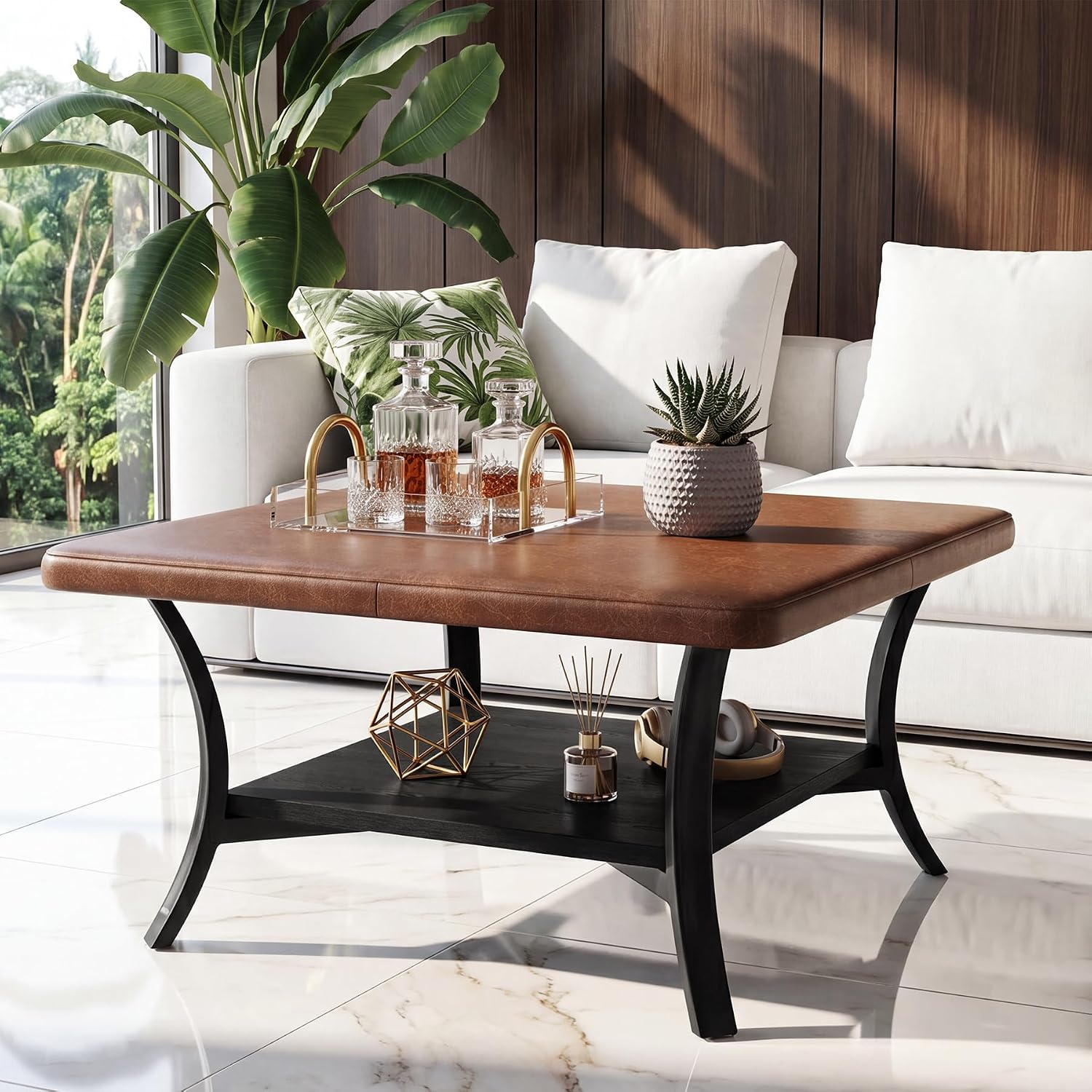 Image of Table For Living Room, Upholstered Ottoman | Modern Sofa Coffee Table With Pu Leather Top, Square Ottoman With Curved Sturdy Metal Frame