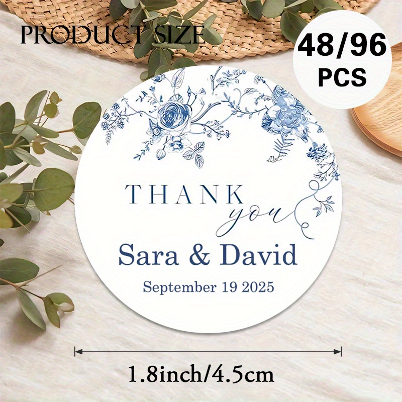 TEMU Custom 48/96pcs Floral Wedding Round Stickers, Personalizable With Date And Names. Featuring Blue Flowers. For Wedding Favors, Thank-you Cards,