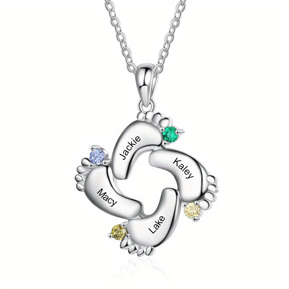 TEMU 1pc Personalized Custom Footprint Silvery Necklace, 6 Names Engraved And 6pcs Colored Synthetic Birthstones Inlaid, Symbolizing Each Birth And