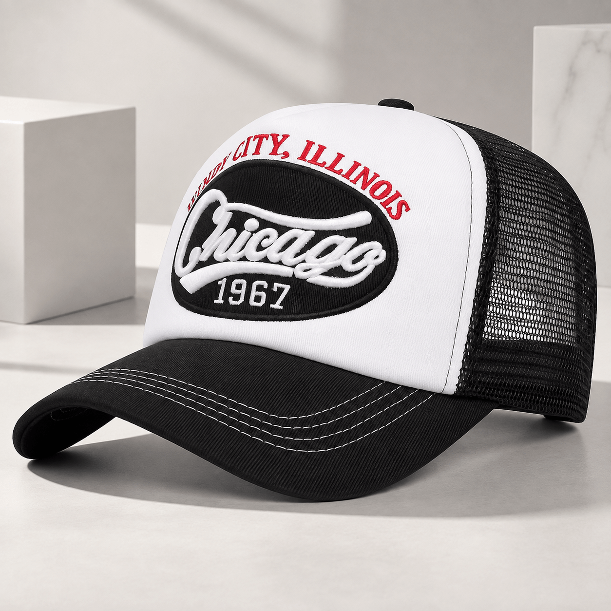 TEMU 1 pieza Gorra de MEIRUNSEN estilo Chicago vintage para - Gorra de béisbol ajustable con bordado, parte trasera de malla, visera curva, retro,
