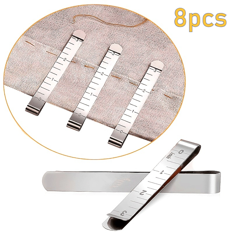 8pcs Sewing Clip Ruler Stainless Steel Hemming Clip Measuring Tape Quilting Supply Fabric Clip, Stapling And Marking Additions 3 Inches